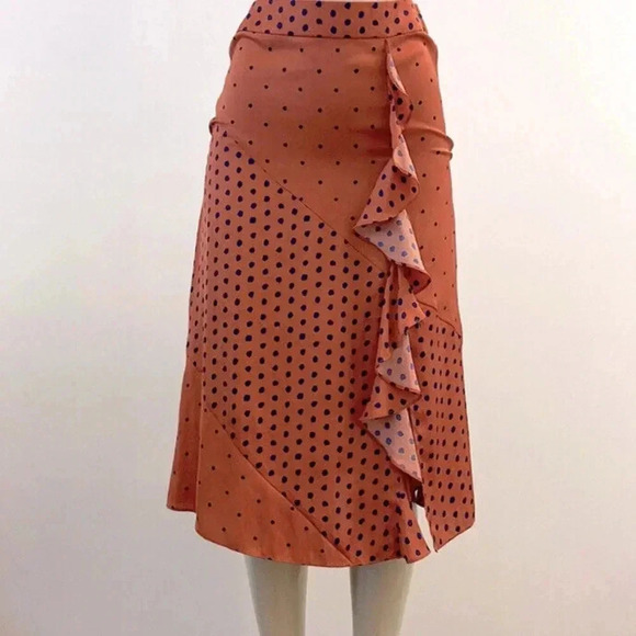 Free People Polka Dot Long Skirt Rust Color Frilly Femine Bohemian Ruffle Silky - Picture 1 of 8